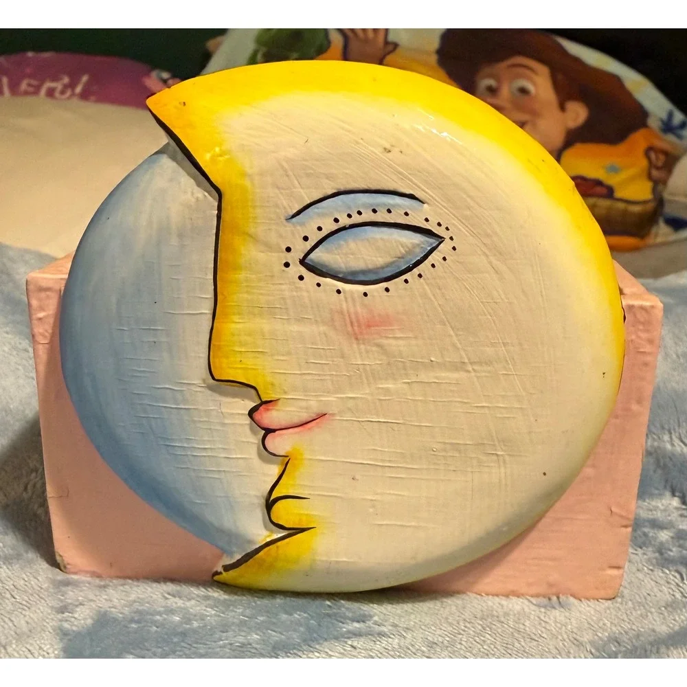 Vintage Celestial Moon Face Coaster Set with Pink Wooden Holder Hand Painted 5pc